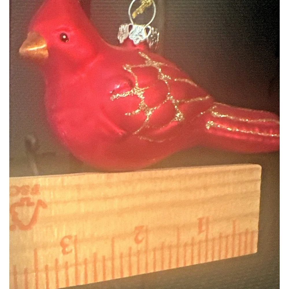 Vintage Beautiful Red Glass W/Gold Glitter Cardinal Bird Christmas Ornament